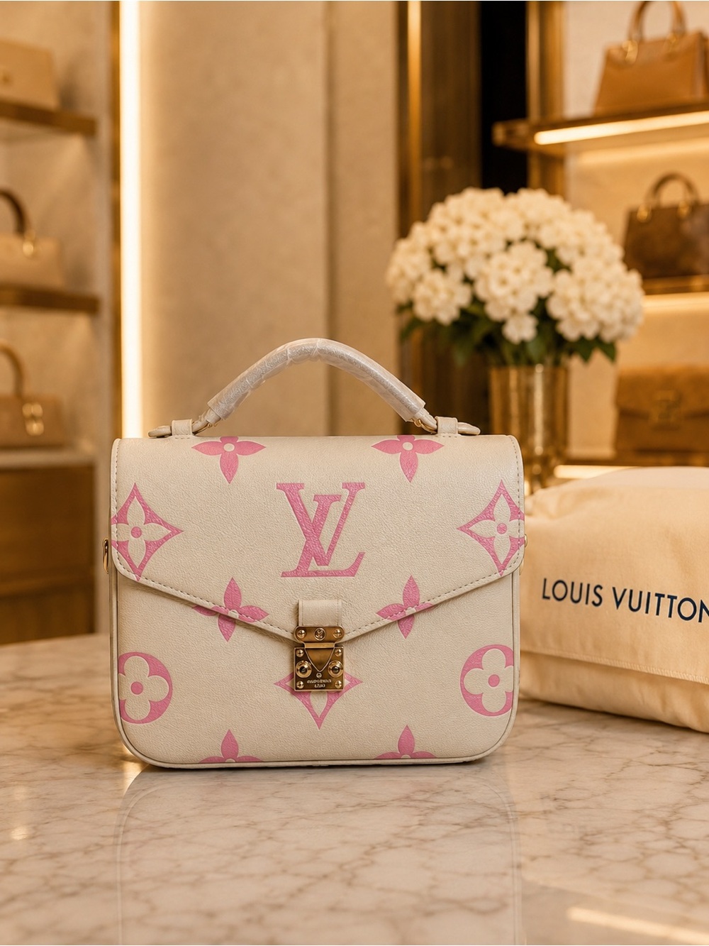 Cream & Pink Monogram Top Handle Handbag